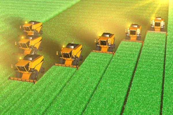 Industriële 3D-illustratie van veel gele tarwe landbouw oogstmachines werken aan enorme groene veld-landbouw concept — Stockfoto