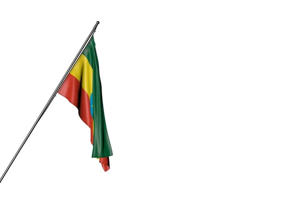 Schöne Äthiopien-Flagge, die an einem diagonalen Mast hängt, isoliert auf weiß - bei jeder Gelegenheit Flagge 3d Illustration — Stockfoto