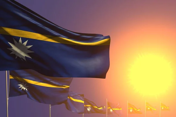 nice many Nauru flags placed diagonal on sunset with space for your text - any occasion flag 3d illustration