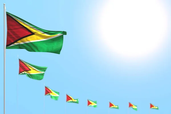 Hermosa muchas banderas de Guyana colocadas diagonal con bokeh y espacio libre para el texto - cualquier celebración bandera 3d ilustración — Foto de Stock