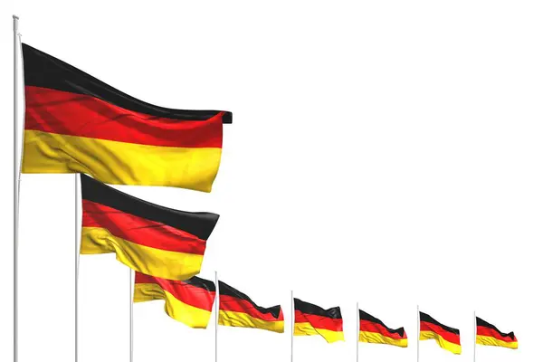 Muitas bandeiras da Alemanha colocado diagonal isolado no branco com lugar para o seu texto - qualquer ocasião bandeira ilustração 3d — Fotografia de Stock