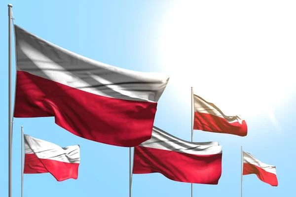 Beautiful 5 flags of Poland are wave on blue sky background - any celebration flag 3d illustration — Stock Photo, Image