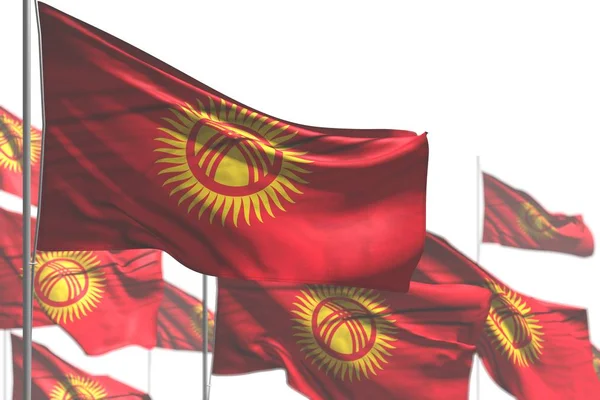 Pretty many Kyrgyzstan flags are wave isolated on white - illustration with soft focus - any feast flag 3d illustration — Stock Photo, Image