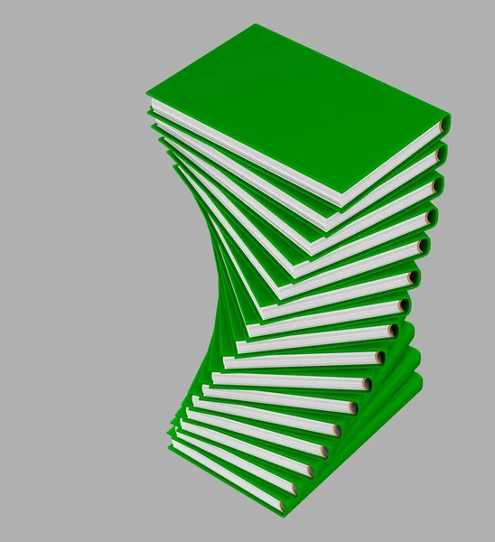 Objekt 3D Illustration - sehr hochauflösender Helixstapel aus vielen grünen Büchern, die geschlossen sind, Symbol des Tages des Wissens isoliert auf grauem Hintergrund — Stockfoto