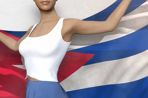 Gadis seksi dengan rok cerah memegang bendera Kuba di tangan di belakang punggungnya pada latar belakang putih - konsep bendera 3d ilustrasi — Stok Foto