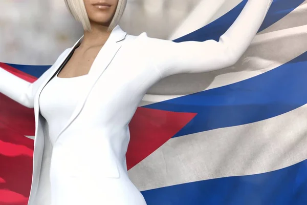 Hermosa mujer de negocios sostiene la bandera de Cuba en las manos detrás de su espalda en el fondo del edificio de oficinas - concepto de la bandera 3d ilustración — Foto de Stock