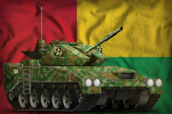 Tanque leve apc com camuflagem de verão no fundo da bandeira nacional da Guiné-Bissau. Ilustração 3d — Fotografia de Stock