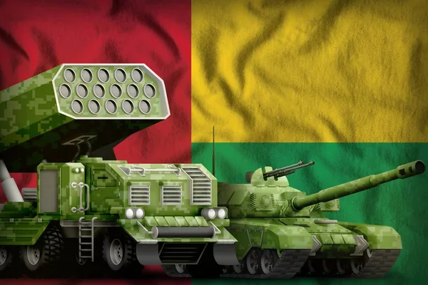 Conceito de veículos blindados militares pesados da Guiné-Bissau no fundo da bandeira nacional. Ilustração 3d — Fotografia de Stock