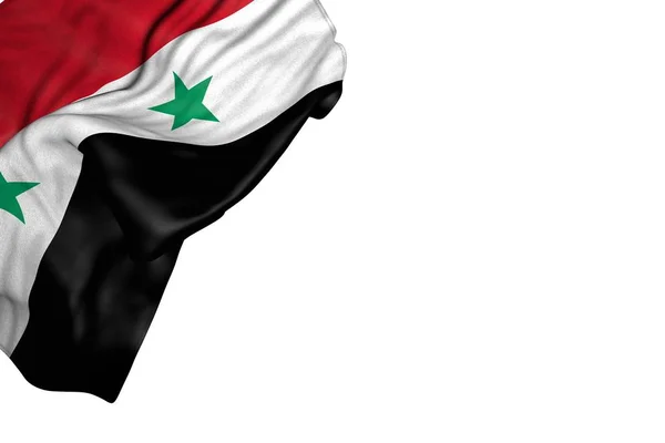 Beau drapeau de la République arabe syrienne avec de grands plis couchés à plat dans le coin supérieur gauche isolé sur blanc - n'importe quel drapeau de fête illustration 3D — Photo