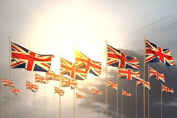 Wonderful many United Kingdom (UK) flags in a row on sunset with empty place for your content - any feast flag 3d illustration — Stock Photo, Image
