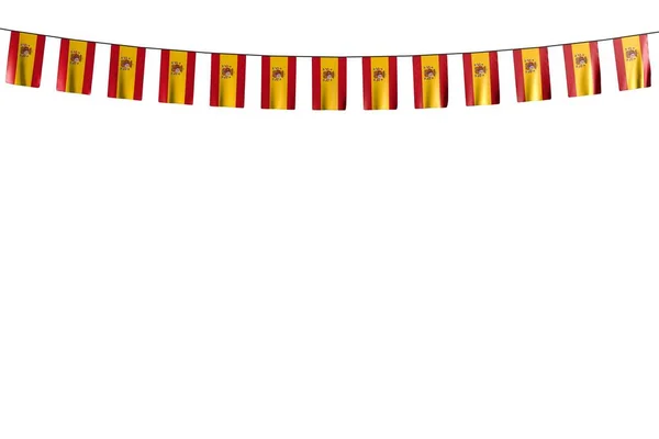 Wonderful many Spain flags or banners hanging on string isolated on white - any holiday flag 3d illustration — Stock Photo, Image