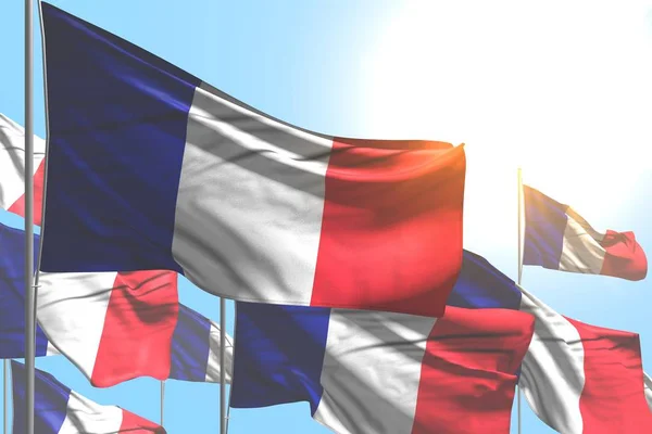 Agradável muitas bandeiras da França estão acenando no fundo do céu azul qualquer ocasião bandeira ilustração 3d — Fotografia de Stock