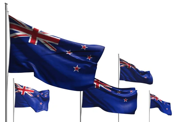 Bonito cinco banderas de Nueva Zelanda están ondeando aislados en blanco - cualquier ocasión bandera 3d ilustración — Foto de Stock