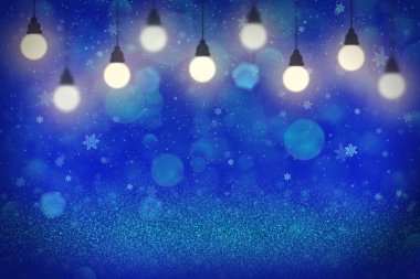 güzel pırılpırıl Glitter ışıkları ampuller ve düşen kar gevreği sinek ile bokeh soyut arka plan defocused, içerik için boş alan ile festival mockup doku