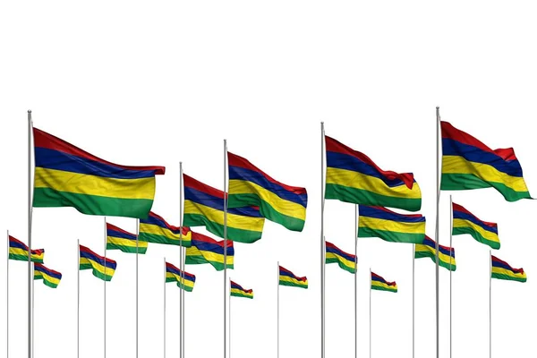 Lindo muchas banderas de Mauricio en una fila aislada en blanco con lugar vacío para el contenido - cualquier fiesta bandera 3d ilustración — Foto de Stock