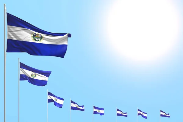 Bonito muitas bandeiras El Salvador colocado diagonal no céu azul com espaço para o seu texto - qualquer bandeira de férias ilustração 3d — Fotografia de Stock