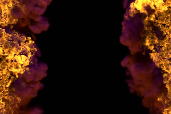 Ogień 3D ilustracji wizjoner płonące piekło ramki izolowane na czarnym tle z ciężkim dymu-Góra i dół są puste, linie ognia z boku lewej i prawej — Zdjęcie stockowe