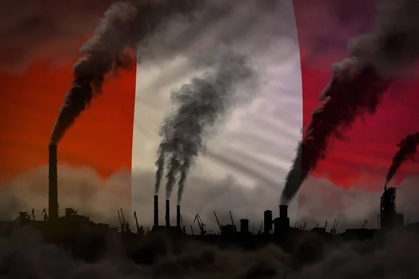 Humo pesado de chimeneas de plantas en la bandera del Perú - concepto de calentamiento global, fondo con espacio para su contenido - ilustración industrial 3D — Foto de Stock