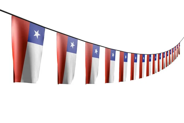 Pretty many Chile flags or banners hanging diagonal with perspective view on rope isolated on white - any celebration flag 3d illustration — Stock Photo, Image