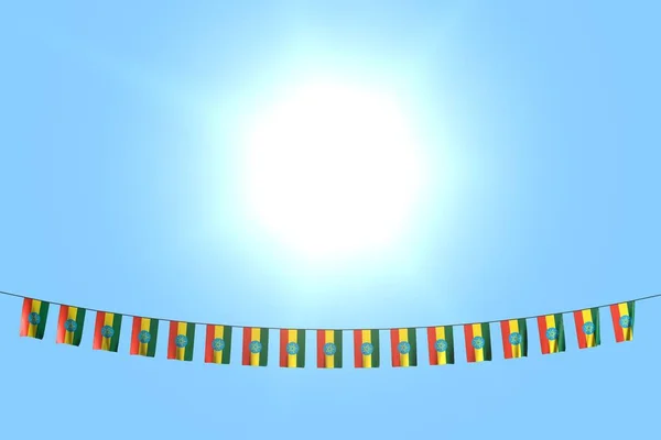 Wonderful many Ethiopia flags or banners hanging on rope on blue sky background - any feast flag 3d illustration — Stock Photo, Image