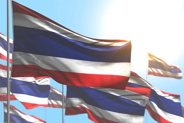 Piękne wiele flag Tajlandia są fala przeciwko błękitne niebo zdjęcie z miękkim ostrości-wszelkie uroczystości flaga 3D ilustracji — Zdjęcie stockowe