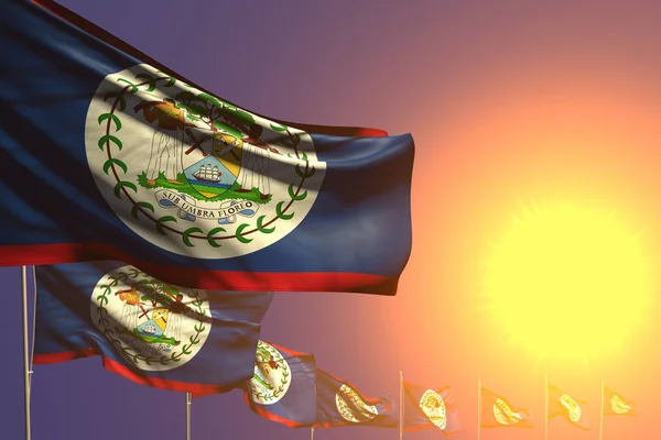 Pretty many Belize flags placed diagonal on sunset with space for content - any holiday flag 3d illustration — Stock Photo, Image