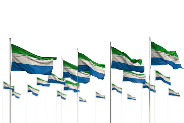 Schöne sierra leone isolierte fahnen in reihe mit selektivem fokus und platz für text platziert - jede festflagge 3d illustration — Stockfoto