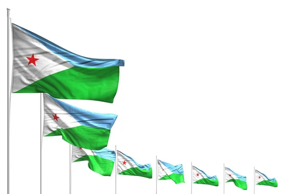 Szép sok Dzsibuti zászlók elhelyezett átlós elszigetelt fehér hely a szöveg-minden alkalomra zászló 3D illusztráció — Stock Fotó
