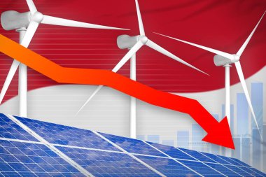 Monako güneş ve rüzgar enerjisi indirme grafik, ok aşağı - yeşil doğal enerji endüstriyel illüstrasyon. 3d İllüstrasyon