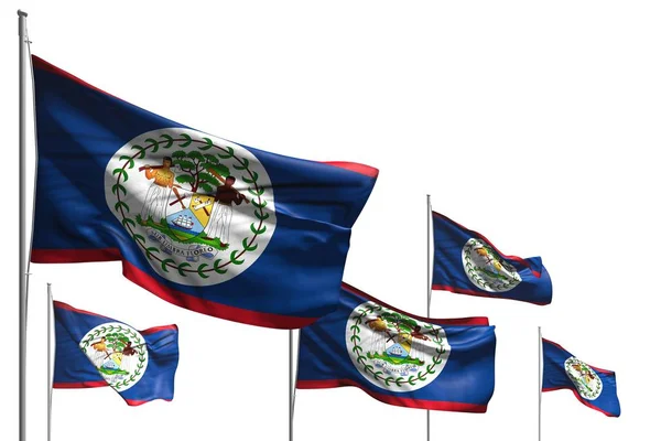 Beautiful five flags of Belize are waving isolated on white - any holiday flag 3d illustration — Stock Photo, Image