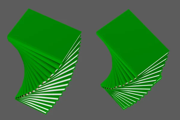 Ilustracja 3D obiektu-bardzo wysokiej rozdzielczości sterta spirali wielu zielonych książek zamkniętych, symbol wiedzy na szarym tle — Zdjęcie stockowe