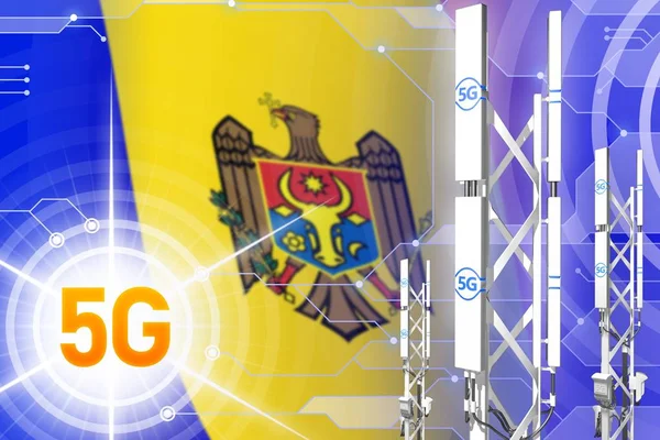 Μολδαβία 5g βιομηχανική απεικόνιση, μεγάλο ιστό δικτύου κινητής τηλεφωνίας ή Πύργος σε υψηλής τεχνολογίας φόντο με τη σημαία-3D απεικόνιση — Φωτογραφία Αρχείου