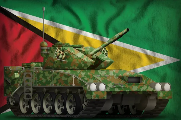 Leichter Tank Apc mit Sommertarnung auf dem Hintergrund der Nationalflagge von Guyana. 3D-Illustration — Stockfoto