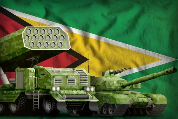 Guyana heavy military armored vehicles concept on the national flag background. 3d Illustration — Stock Photo, Image
