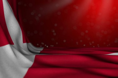 cute dark photo of Denmark flag lying in corner on red background with soft focus and free space for your content - any occasion flag 3d illustration