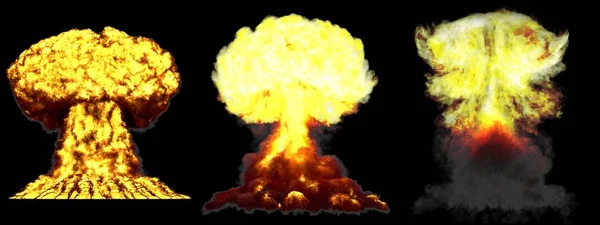 3D illustration of explosion - 3 large very high detailed different phases mushroom cloud explosion of super bomb with smoke and fire isolated on black — 스톡 사진