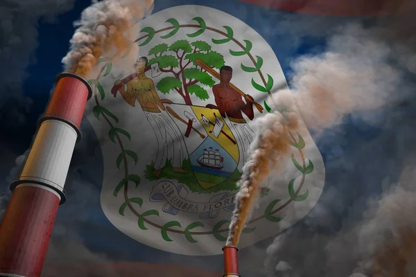 Belice lucha contra la contaminación concepto - dos enormes tuberías de fábrica con humo pesado en el fondo de la bandera, ilustración industrial 3D — Foto de Stock