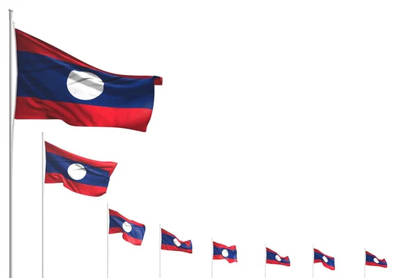 Beautiful many Lao People Democratic Republic flags placed diagonal isolated on white with place for content - any occasion flag 3d illustration — Stock Photo, Image