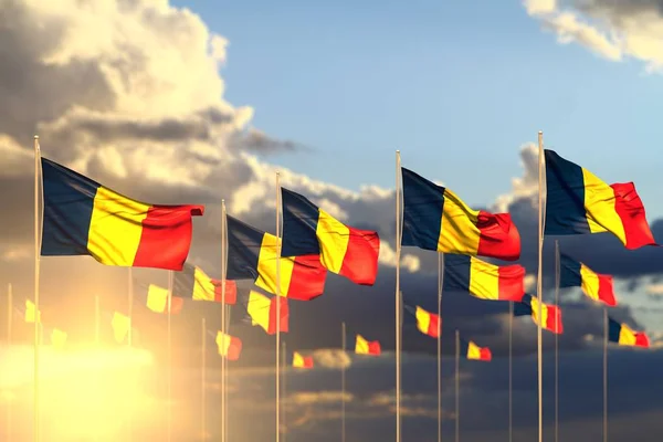Agradable muchas banderas de Chad en la puesta de sol colocado en fila con enfoque suave y lugar para su contenido - cualquier fiesta bandera 3d ilustración — Foto de Stock