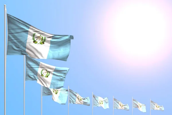 Nice many Guatemala flags placed diagonal on blue sky with place for your content - any holiday flag 3d illustration — Stok fotoğraf