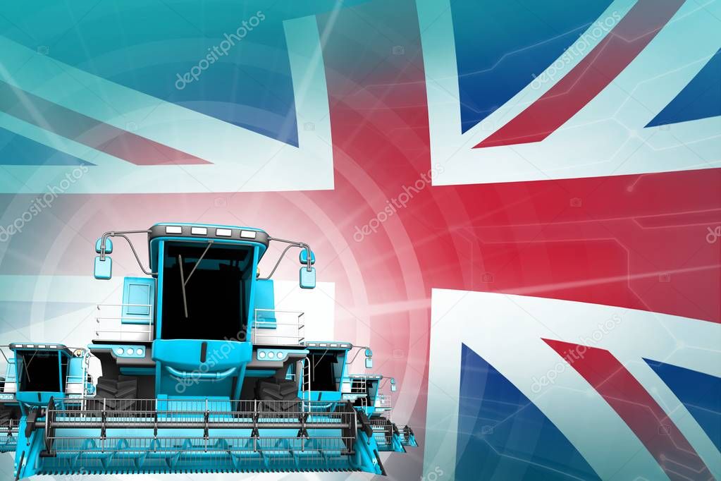 Digital industrial 3D illustration of blue modern farm combine harvesters on United Kingdom (UK) flag, farming equipment modernisation concept