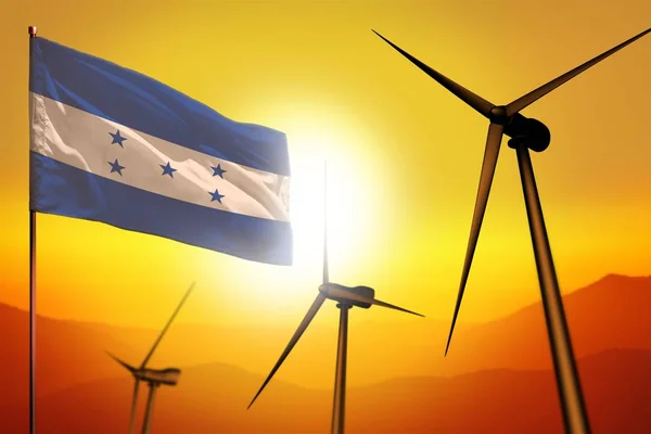 Ветроэнергетика Гондураса, концепция альтернативной энергетики с ветряными турбинами и флаг на промышленных иллюстрациях заката - возобновляемые альтернативные источники энергии, 3D иллюстрация — стоковое фото