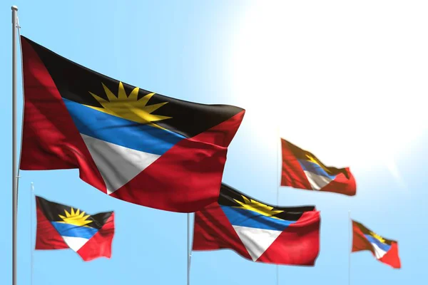 Wspaniałe 5 flag Antigua i Barbuda są fala przeciwko błękitne niebo zdjęcie z bokeh-wszelkie święto flaga 3D ilustracji — Zdjęcie stockowe