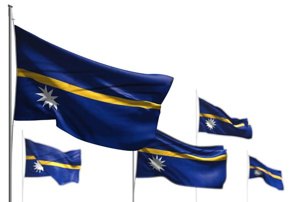 Agradável cinco bandeiras de Nauru são onda isolada em branco - imagem com foco suave - qualquer bandeira festa ilustração 3d — Fotografia de Stock