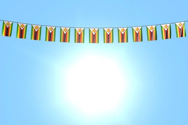 Schattig veel Zimbabwe vlaggen of banners hangt op string op blauwe hemel achtergrond-elke vakantie vlag 3D illustratie — Stockfoto