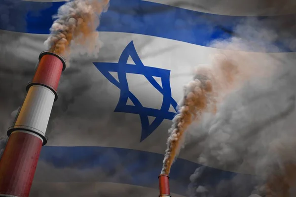 Lucha contra la contaminación en Israel concepto - ilustración industrial 3D de dos grandes tuberías industriales con humo denso en el fondo de la bandera —  Fotos de Stock