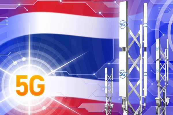 Thailand 5G industrial illustration, huge cellular network mast or tower on digital background with the flag - 3D Illustration
