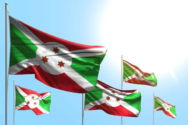 Hermoso 5 banderas de Burundi son ola sobre fondo azul cielo - cualquier ocasión bandera 3d ilustración — Foto de Stock