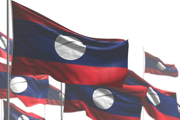 Wunderbare viele laotische Menschen demokratische Republik Fahnen werden isoliert auf weiß geschwenkt - Foto mit Bokeh - jede Festtagsfahne 3d Illustration — Stockfoto