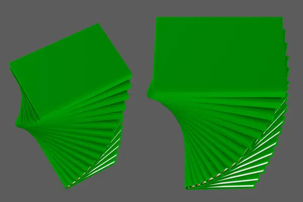 オブジェクトの3Dイラスト - 多くの緑の閉じた本の非常に詳細ならせんスタック、灰色の背景に隔離された大学の概念 — ストック写真